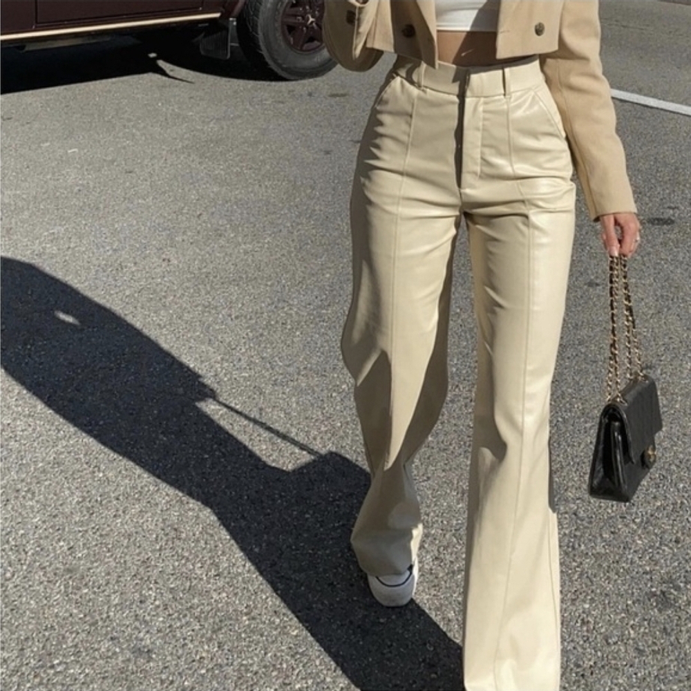 ​NWOT ZARA Ecru High Waist Vegan Leather Wide Leg Trousers Size M